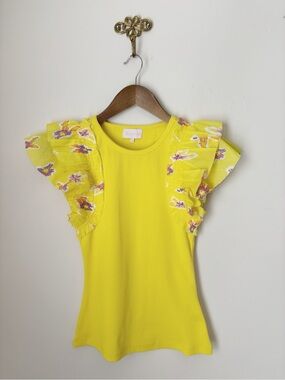 Alivia The Ali Yellow Ribbed Flutter Sleeve Tee Top XS